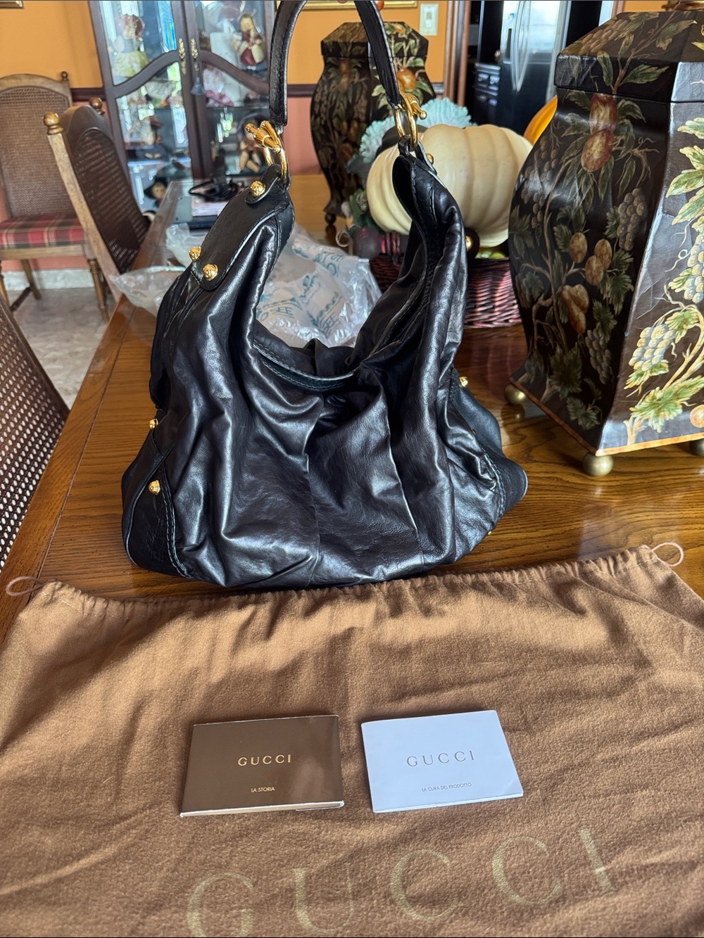 Gucci Black Leather Hobo Bag with Gold-Tone Hardware